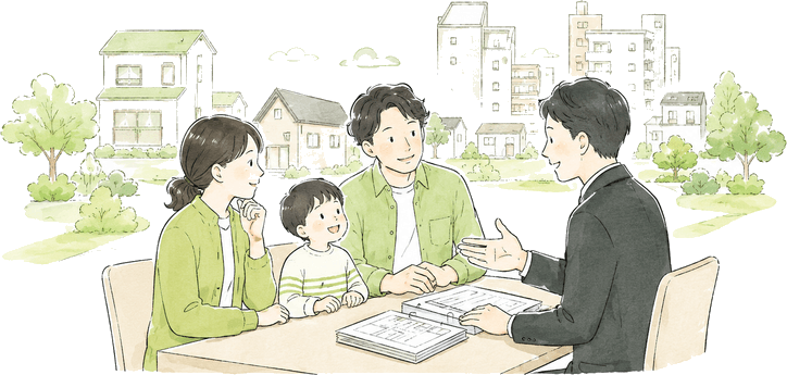 家族の住まい探しに寄り添うスタッフのイラスト